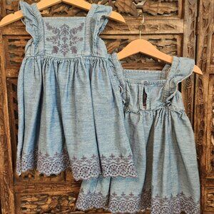 Twin BUNDLE Old Navy Chambray Embroidered Ruffle-Trim Swing Dresses, 18-24 m